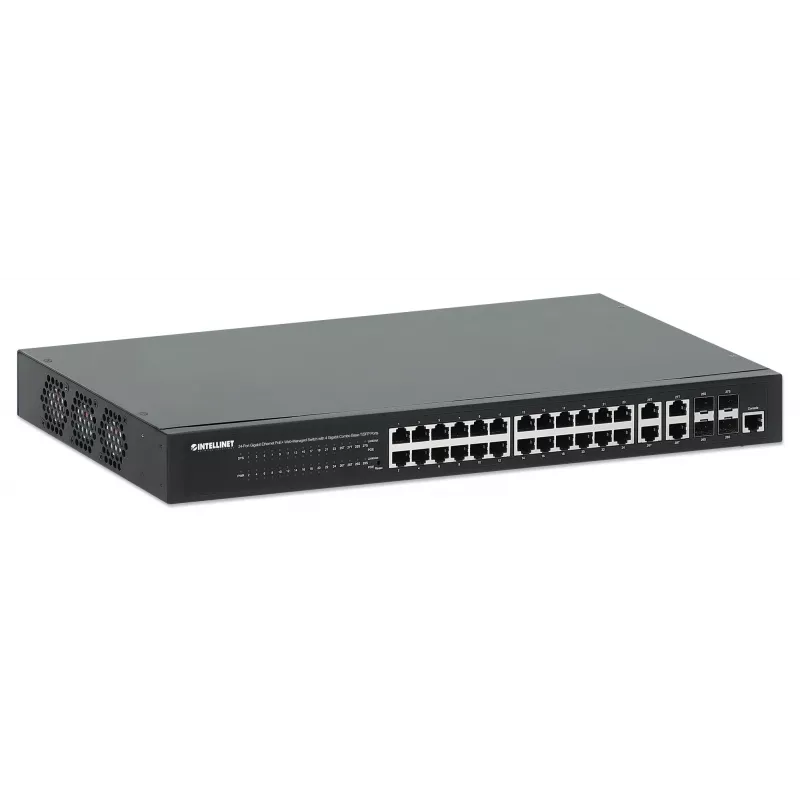 Intellinet switch Gigabit Ethernet PoE+ web-managed 24 porte con 4 porte Gigabit Combo Base-T/SFP, conforme IEEE 802.3at/af Power over Ethernet (PoE+/PoE), 370 W, Endspan, rackmount 19 inch