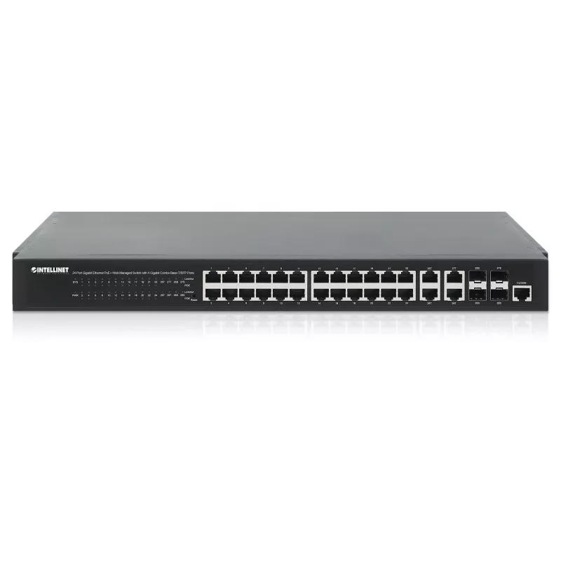 Intellinet switch Gigabit Ethernet PoE+ web-managed 24 porte con 4 porte Gigabit Combo Base-T/SFP, conforme IEEE 802.3at/af Power over Ethernet (PoE+/PoE), 370 W, Endspan, rackmount 19 inch