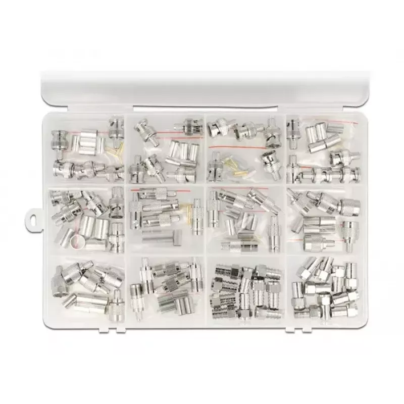 Delock 66811 set di connettori coassiali a crimpare, 70 pz, 75 Ohm, BNC/TNC/F
