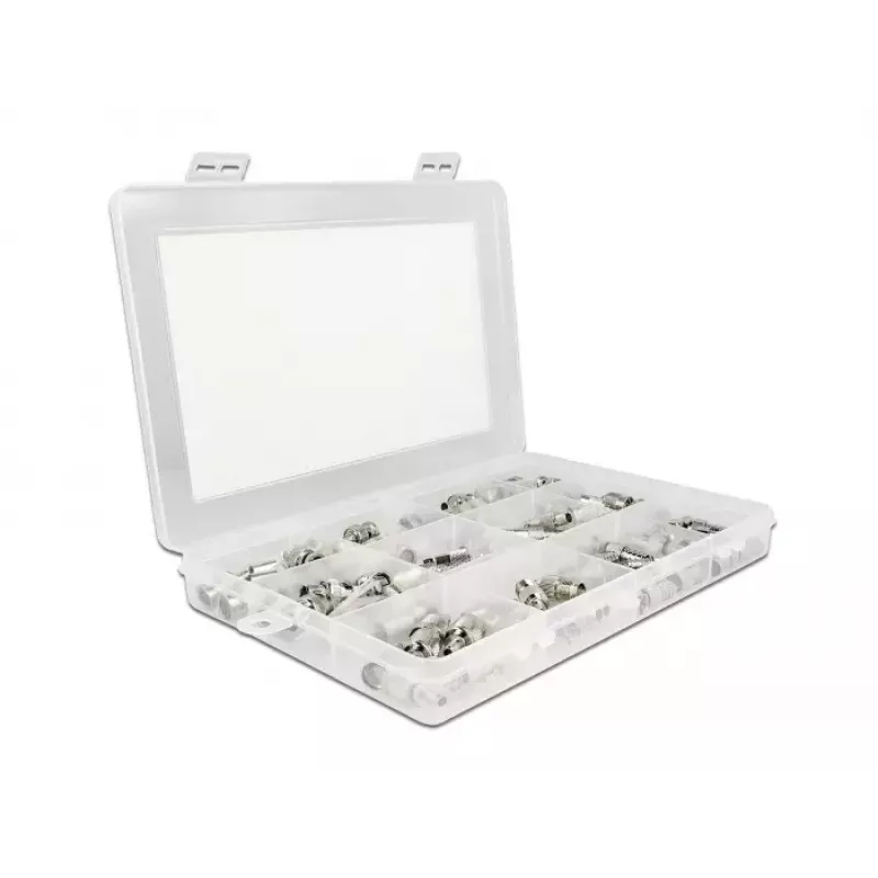 Delock 66811 set di connettori coassiali a crimpare, 70 pz, 75 Ohm, BNC/TNC/F