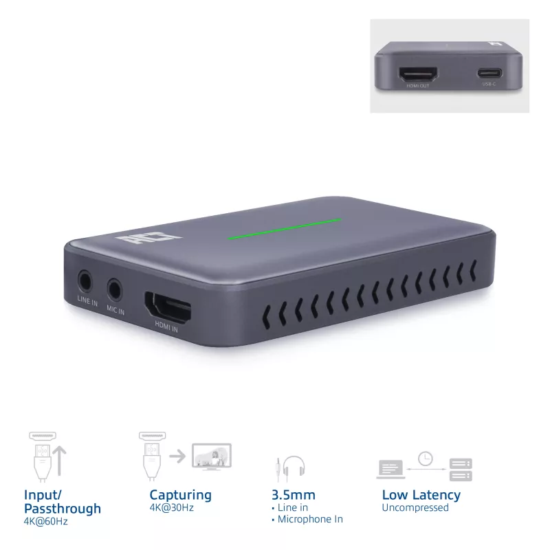 ACT scheda di acquisizione video USB-C, pass-through HDMI 4K@60Hz, registrazione 4K@30Hz