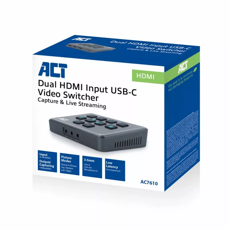 ACT switcher video USB-C con doppio ingresso HDMI 60Hz grigio
