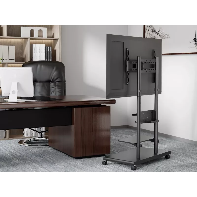 Carrello TV mobile EQUIP 50 inch–90 inch con ripiano pegboard, VESA 200x200–600x400, 60 kg, nero