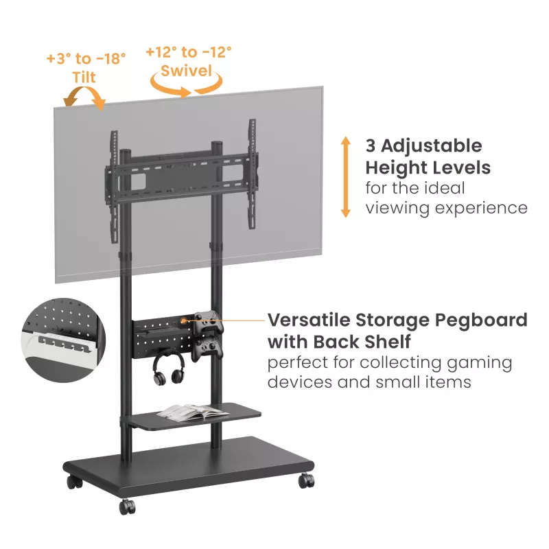Carrello TV mobile EQUIP 50 inch–90 inch con ripiano pegboard, VESA 200x200–600x400, 60 kg, nero