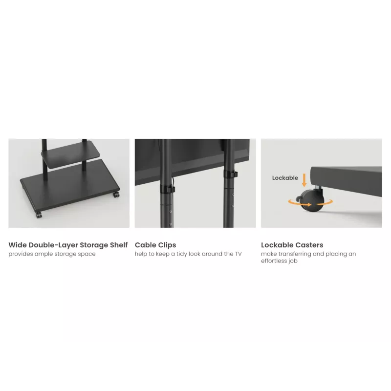 Carrello TV mobile EQUIP 50 inch–90 inch con ripiano pegboard, VESA 200x200–600x400, 60 kg, nero