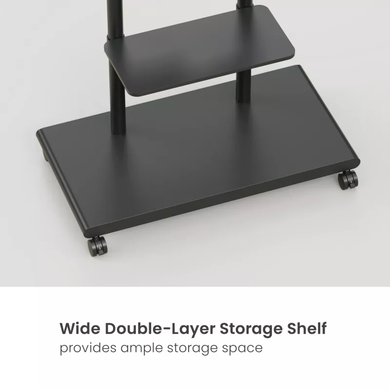Carrello TV mobile EQUIP 50 inch–90 inch con ripiano pegboard, VESA 200x200–600x400, 60 kg, nero