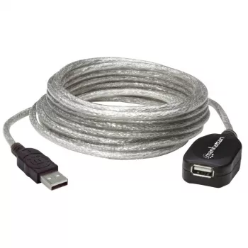 Cavo di prolunga Manhattan USB-A su USB-A, 5 m, connettore maschio su connettore femmina, attivo, argento trasparente, 480 Mbit/s (USB 2.0), a cascata, repeater integrato, Hi-Speed USB, garanzia tre anni