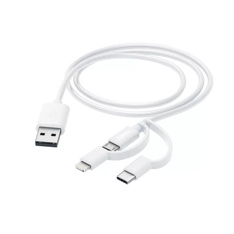 Hama cavo di ricarica multiplo 3-in-1, USB-A – Micro-USB, USB-C e Lightning, 1,0 m, bianco