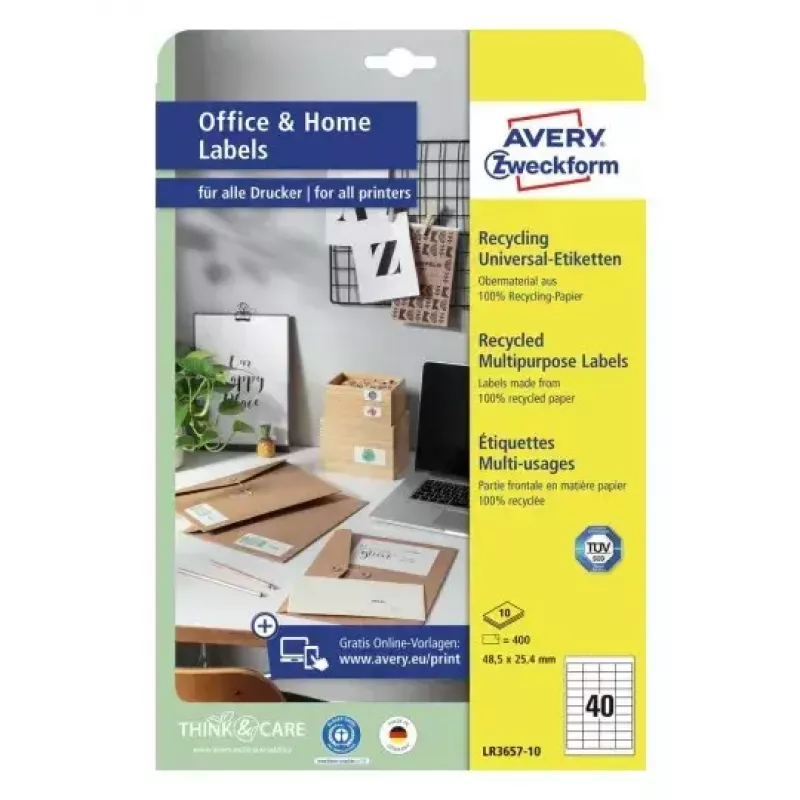 Avery Zweckform LR3657-10 etichette universali riciclate per indirizzi, 48,5 x 25,4 mm, bianco naturale, permanenti