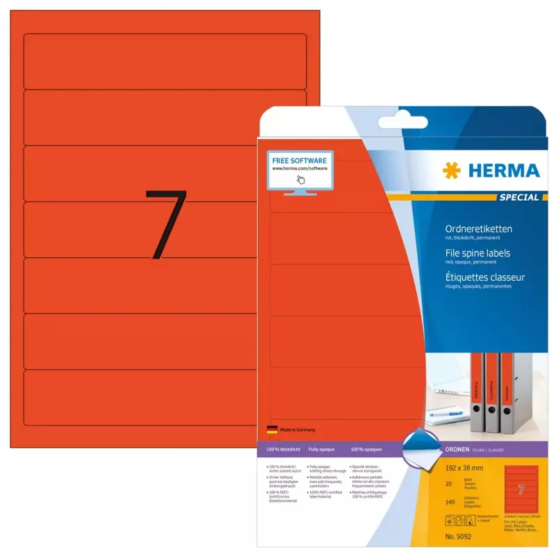 HERMA 5092 Etichette per raccoglitori A4 192 x 38 mm, rosso, 175 pz (25 fogli x 7)