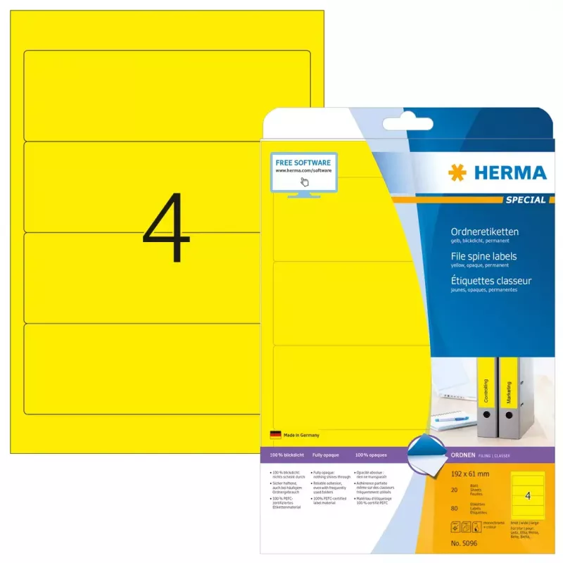 Etichette per fascicoli HERMA A4 192x61 mm giallo carta opaca coprente 80 pz.