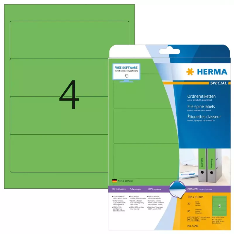Etichette per fascicoli HERMA A4 192x61 mm verde carta opaca coprente 80 pz.