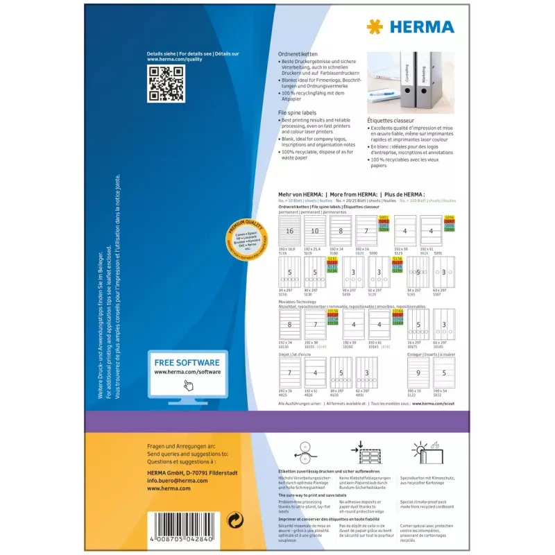Etichetta adesiva per stampante HERMA etichette per fascicoli A4 192x61 mm
