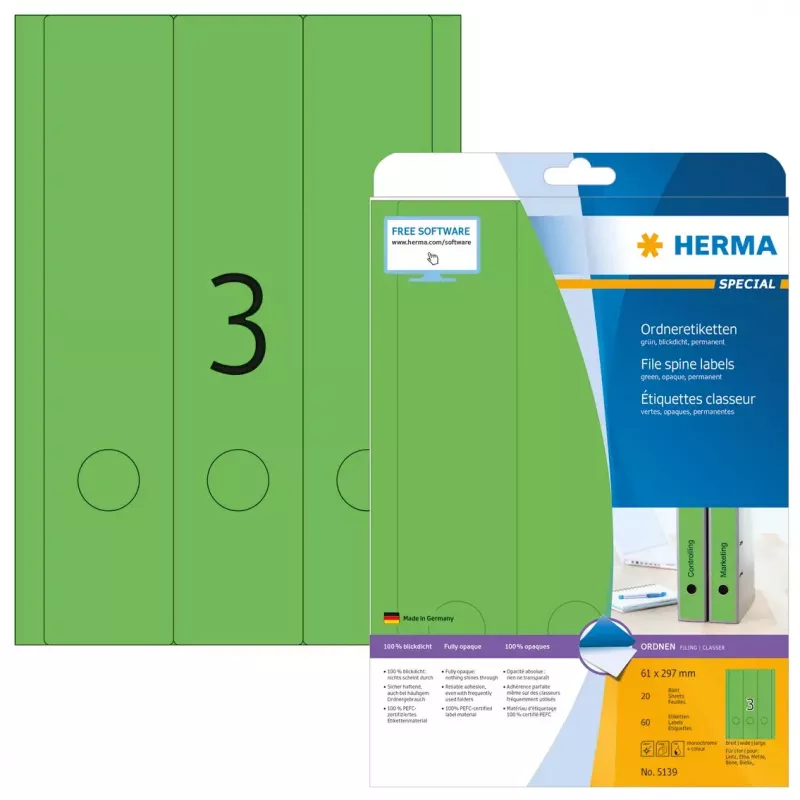Etichette per fascicoli HERMA A4 61x297 mm verde carta opaca coprente 60 pz.