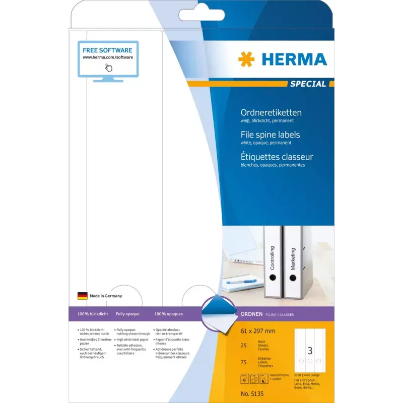 Etichette per fascicoli HERMA A4 61x297 mm bianco carta opaca coprente 75 pz.