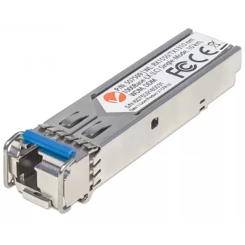 Modulo ricetrasmettitore Intellinet ottico, fibra Gigabit WDM bidirezionale SFP, porta single-mode 1000Base-Lx (LC), 10 km, lunghezze d'onda: ricezione (RX) 1550 nm e trasmissione (TX) 1310 nm, WDM (Rx1550/Tx1310), conforme MSA, equivalente a Cisco GLC-BX-U, Ethernet, fibra ottica