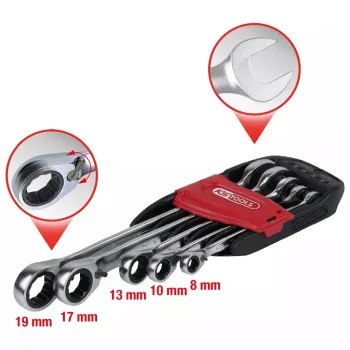 KS Tools GEARplus 503.4605 Set di chiavi combinate a cricchetto reversibili, 5 pz, 8-19 mm