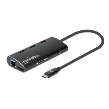 Manhattan dock/hub USB-C con lettore di schede, porte (x6): Ethernet, HDMI, USB-A (x3) e USB-C, con Power Delivery (100 W) alla porta USB-C (nota: alimentatore USB-C e cavo USB-C aggiuntivi necessari), universale per tutti i dispositivi, alluminio, corrisponde a DKT30CSDHPD3