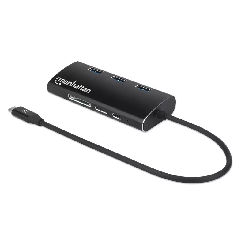 Manhattan dock/hub USB-C con lettore di schede, porte (x6): Ethernet, HDMI, USB-A (x3) e USB-C, con Power Delivery (100 W) alla porta USB-C (nota: alimentatore USB-C e cavo USB-C aggiuntivi necessari), universale per tutti i dispositivi, alluminio, corrisponde a DKT30CSDHPD3