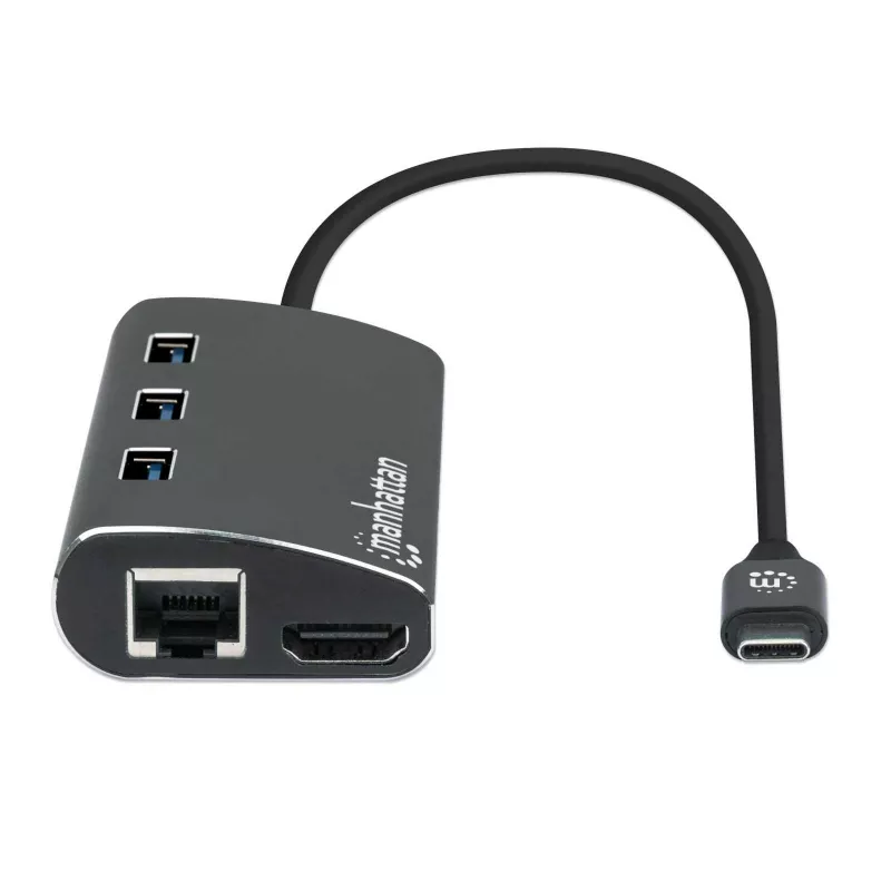Manhattan dock/hub USB-C con lettore di schede, porte (x6): Ethernet, HDMI, USB-A (x3) e USB-C, con Power Delivery (100 W) alla porta USB-C (nota: alimentatore USB-C e cavo USB-C aggiuntivi necessari), universale per tutti i dispositivi, alluminio, corrisponde a DKT30CSDHPD3