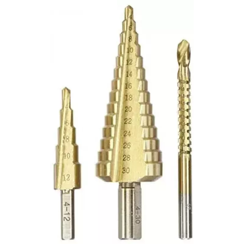 kwb 525890 Set di punte a gradini con punta fresante, 3 pz., 4-12 mm / 4-30 mm / 6 mm, HSS TiN