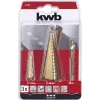 kwb 525890 Set di punte a gradini con punta fresante, 3 pz., 4-12 mm / 4-30 mm / 6 mm, HSS TiN