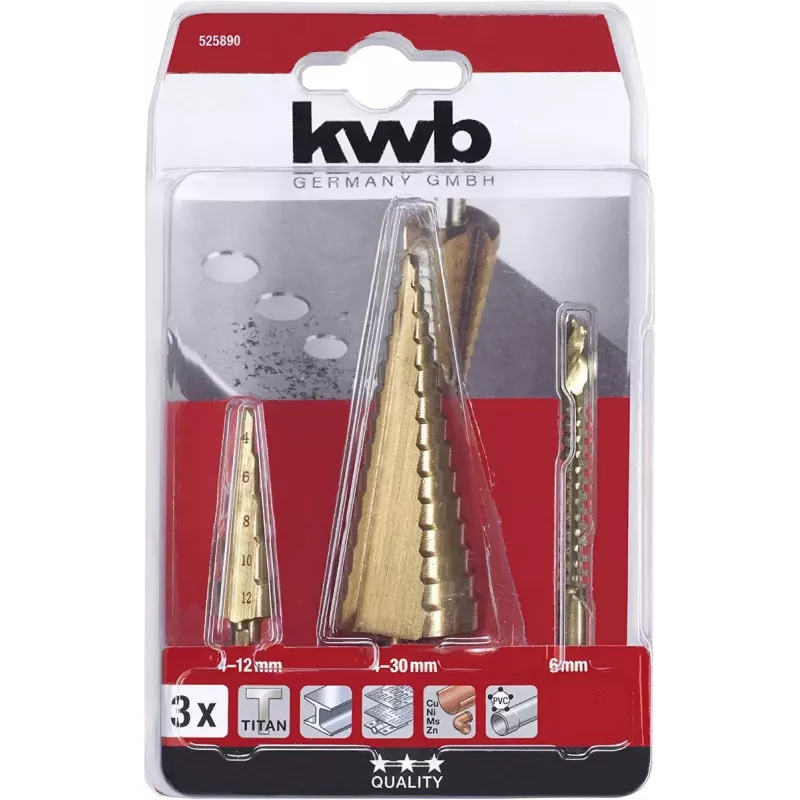 kwb 525890 Set di punte a gradini con punta fresante, 3 pz., 4-12 mm / 4-30 mm / 6 mm, HSS TiN