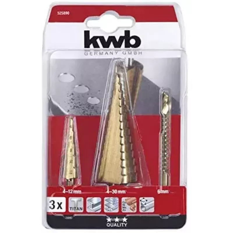 kwb 525890 Set di punte a gradini con punta fresante, 3 pz., 4-12 mm / 4-30 mm / 6 mm, HSS TiN