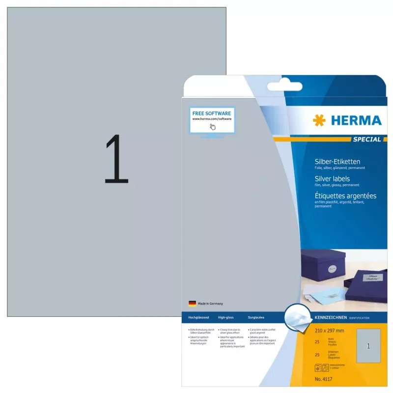 Etichette adesive per stampante HERMA Labels A4 210x297 mm argento pellicola lucida 25 pz.