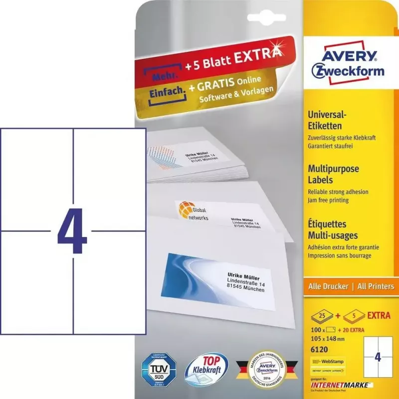 Etichette adesive rettangolari Avery Zweckform 6120 — bianco, adesivo permanente, 120 pezzi