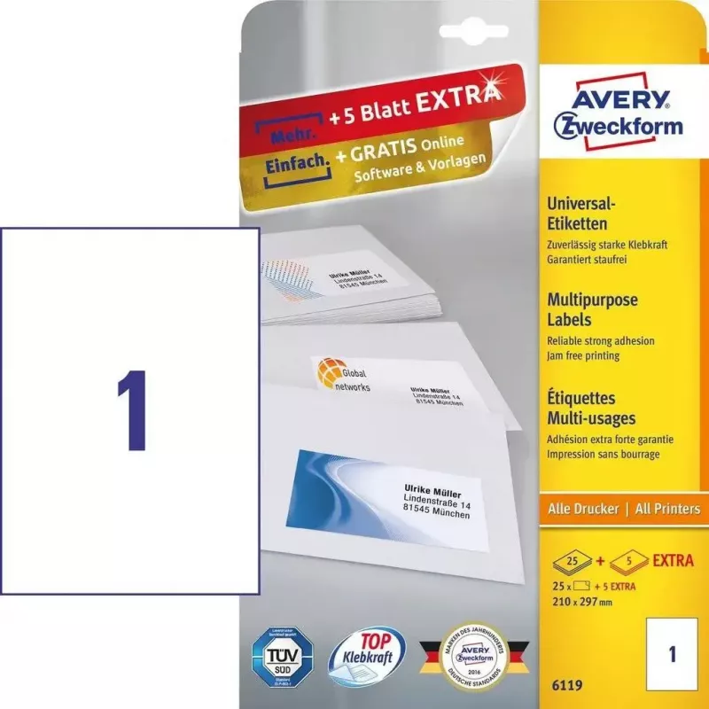 Etichette adesive rettangolari Avery Zweckform 6119, adesivo permanente, bianco, 30 pezzi