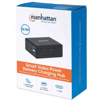 Manhattan Smart Video Multiport Dock, porte (x5): porta HDMI, USB-A (x2), USB-C (x2), con Power Delivery alla porta USB-C, alimentazione interna, ultrakompact, cavo di alimentazione rimovibile, nero, tre anni di garanzia, confezione retail