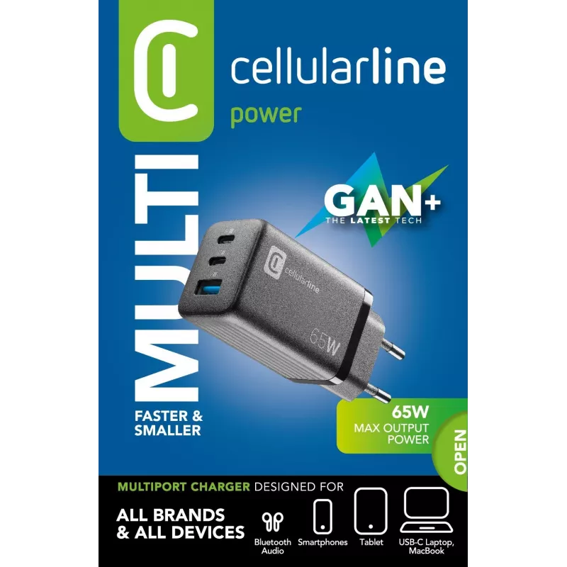 Cellularline Multipower Micro caricabatterie rapido da 65W ultracompatto con 3 connessioni