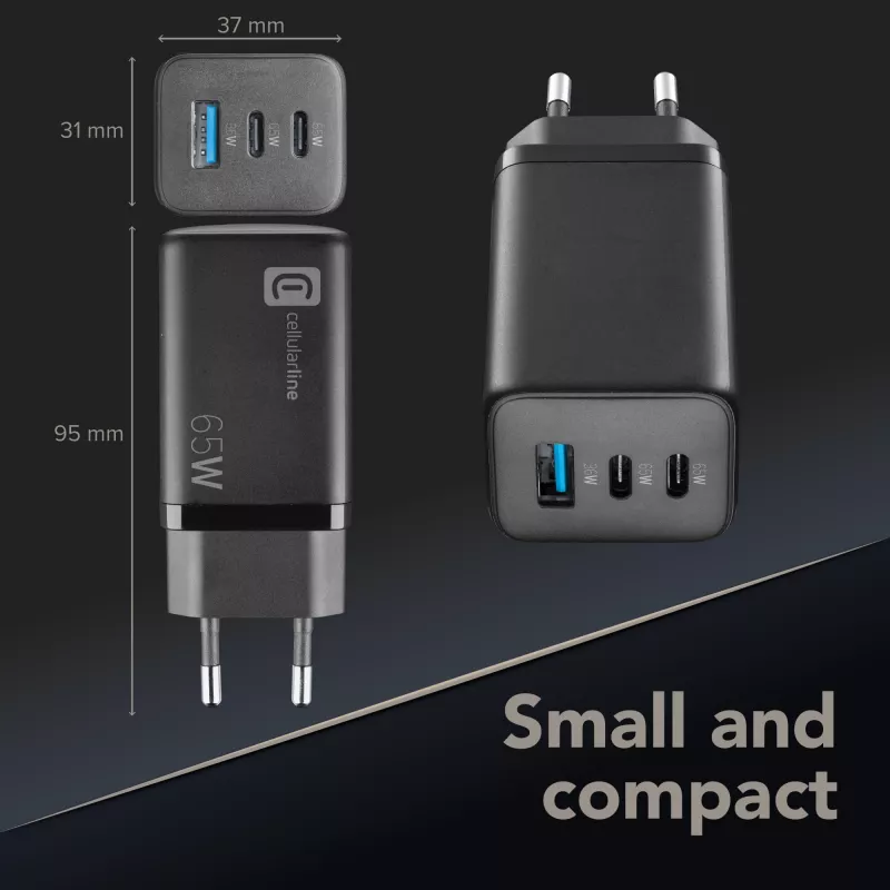 Cellularline Multipower Micro caricabatterie rapido da 65W ultracompatto con 3 connessioni