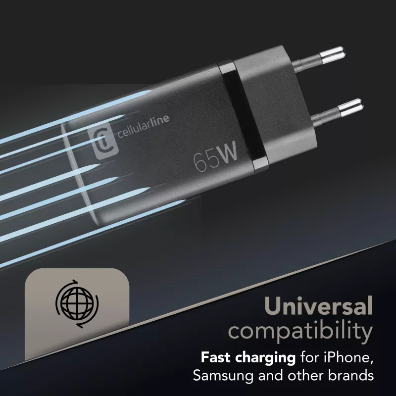 Cellularline Multipower Micro caricabatterie rapido da 65W ultracompatto con 3 connessioni