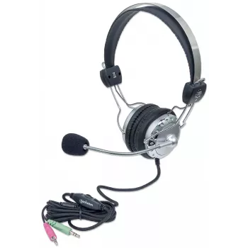Manhattan cuffie stereo over-ear con microfono (3,5 mm), archetto microfono imbottito, archetto in acciaio regolabile, controllo volume in linea, cuscinetti auricolari, 2x jack/spina stereo 3,5 mm standard per audio/microfono, cavo 2,5 m, 3 anni di garanzia