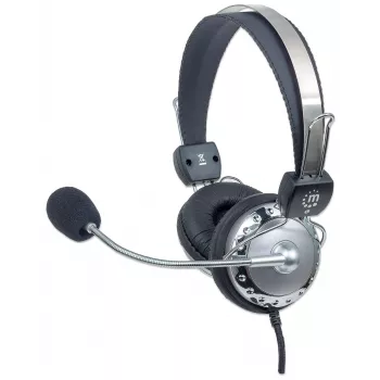 Manhattan cuffie stereo over-ear con microfono (3,5 mm), archetto microfono imbottito, archetto in acciaio regolabile, controllo volume in linea, cuscinetti auricolari, 2x jack/spina stereo 3,5 mm standard per audio/microfono, cavo 2,5 m, 3 anni di garanzia