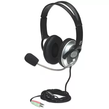 Manhattan cuffie stereo over-ear (3,5 mm), archetto microfono (imbottito), archetto in acciaio regolabile, telecomando in linea per il controllo del volume, cuscinetti auricolari, 2x jack stereo 3,5 mm standard per audio/microfono, cavo 2,5 m, 3 anni di garanzia