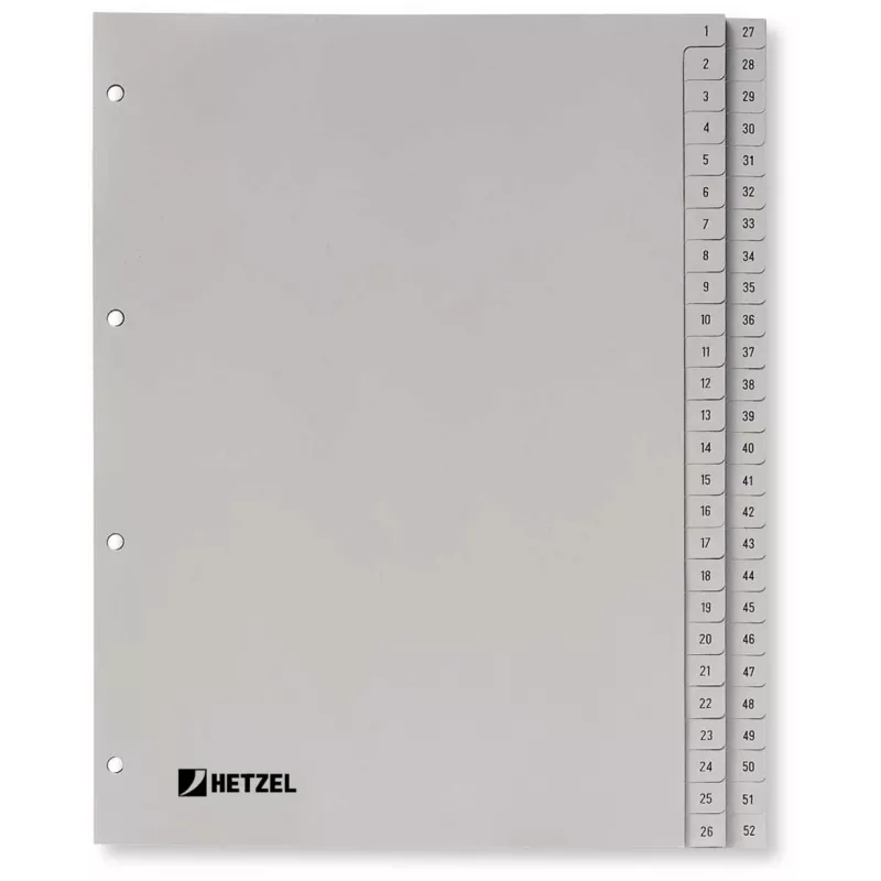 Rexel 721308 divisori in PP, numerici 1-52, A4, 52 pezzi, 0,11 mm, grigi