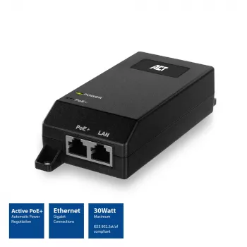 Iniettore ACT Gigabit PoE+ (30W), Gigabit Ethernet, 10,100,1000 Mbit/s, IEEE 802.3, IEEE 802.3ab, IEEE 802.3af, IEEE 802.3at, IEEE 802.3u, nero, 30 V, 100 - 240 V