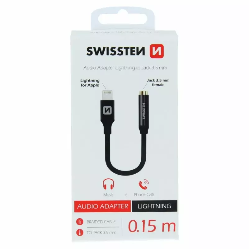 Adattatore audio SWISSTEN Lightning su jack 3,5 mm SW-LIGHT-3.5MM-BK, cavo 0,15 m, nero