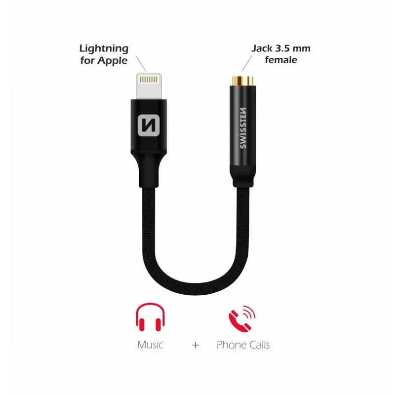 Adattatore audio SWISSTEN Lightning su jack 3,5 mm SW-LIGHT-3.5MM-BK, cavo 0,15 m, nero