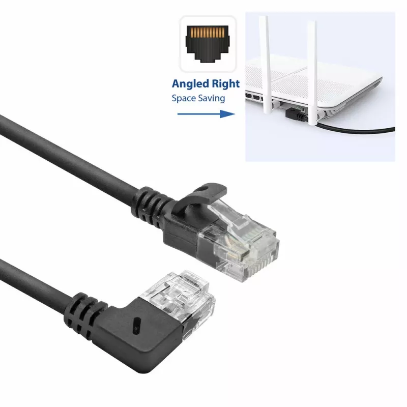 ACT nero 2 metri cavo patch U/UTP CAT6A LSZH Slimline con connettori RJ45, 90° angolato a destra su dritto