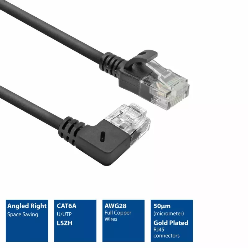 ACT nero 3 metri cavo patch U/UTP CAT6A LSZH Slimline con connettori RJ45 90° angolato a destra su dritto