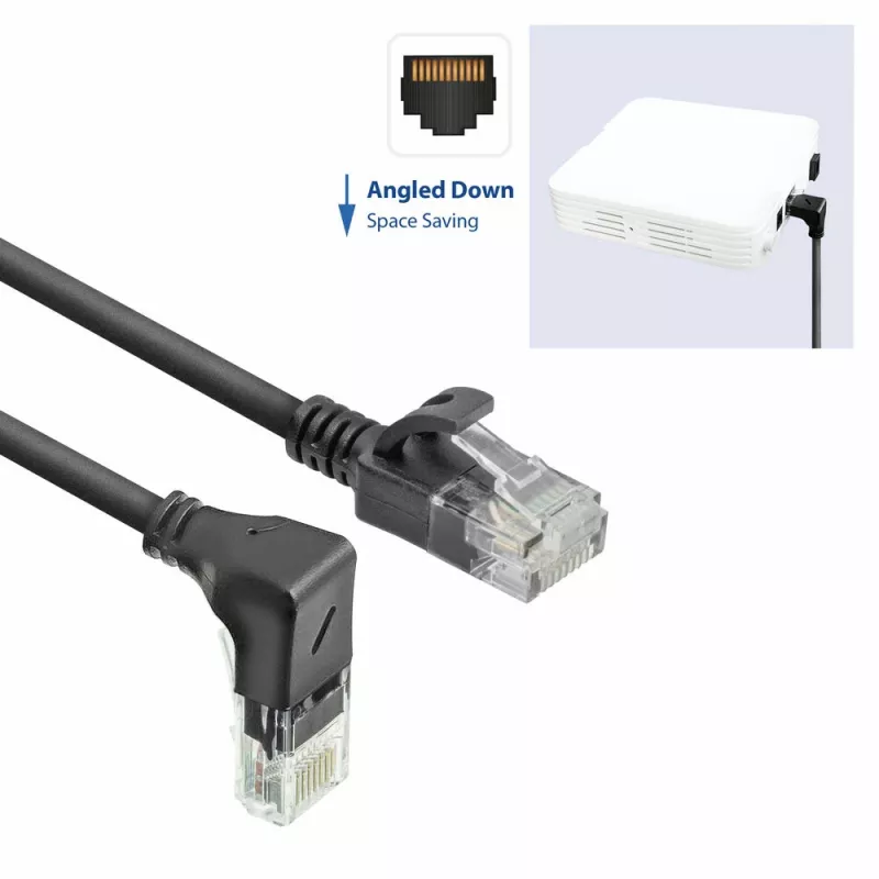 ACT Nero 2 metri U/UTP CAT6A LSZH Slimline cavo patch con connettori RJ45 90° angolato verso il basso su dritto