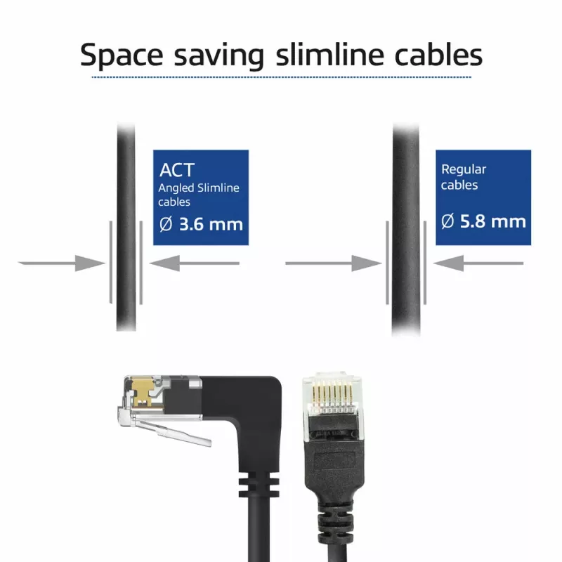 ACT Nero 2 metri U/UTP CAT6A LSZH Slimline cavo patch con connettori RJ45 90° angolato verso il basso su dritto