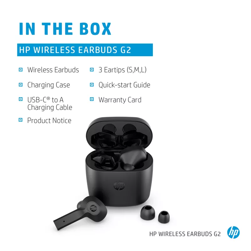 HP Wireless Earbuds G2, wireless, musica, 12 g, cuffie, nero