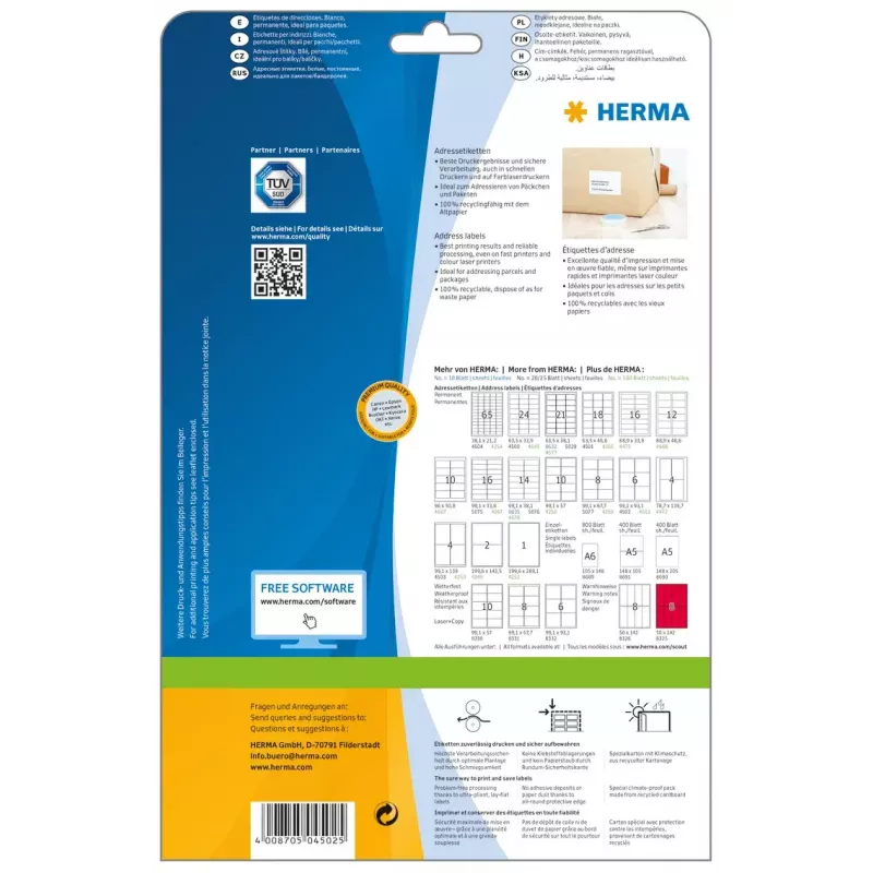 Etichette per indirizzi Premium HERMA 4502 A4 99,1x93,1 mm