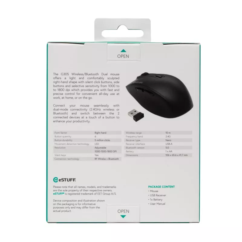 eSTUFF GLB214002 mouse ufficio per destrimani RF wireless + Bluetooth IR-LED 1800 DPI