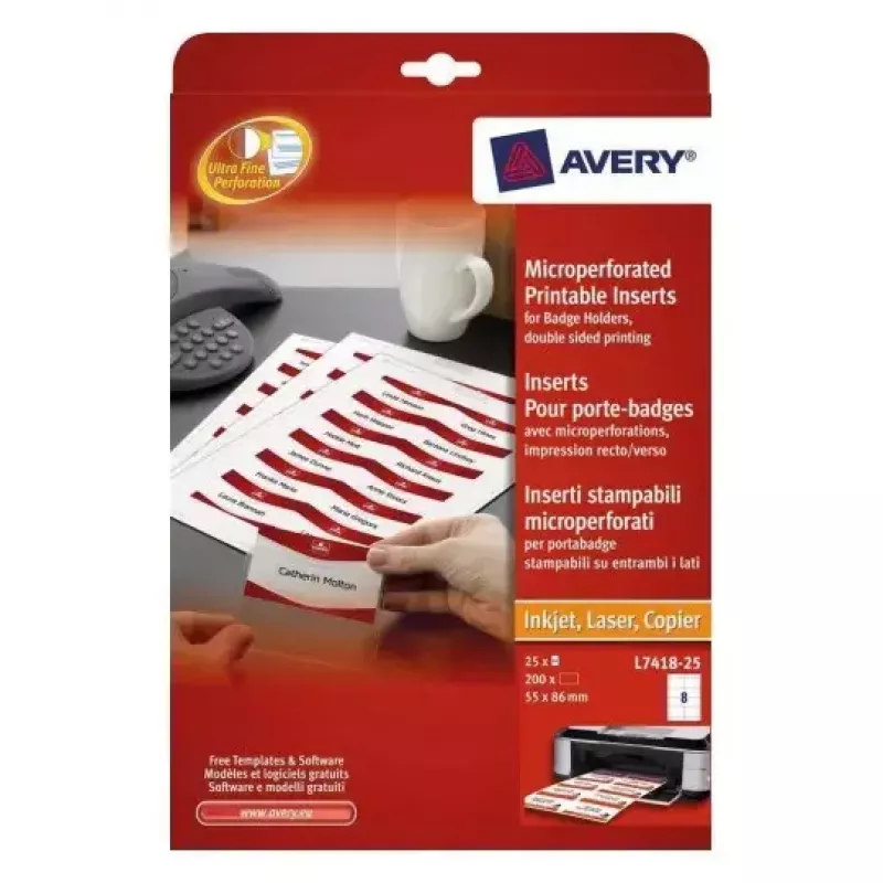 Avery L7418-25 etichette per nomi, bianco, 86 x 55 mm, 200 etichette (25 fogli)